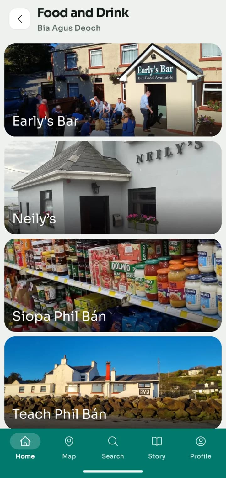 The Food and Drink list showing Early's Bar, Neily's, Siopa Phil Bán and Teach Phil Bán