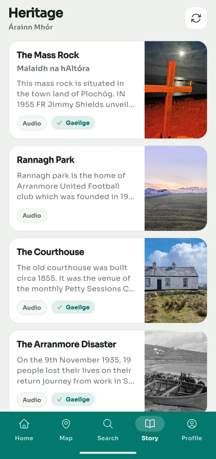 The Heritage list with The Mass Rock, Rannagh Park, The Courthouse and The Arranmore Disaster