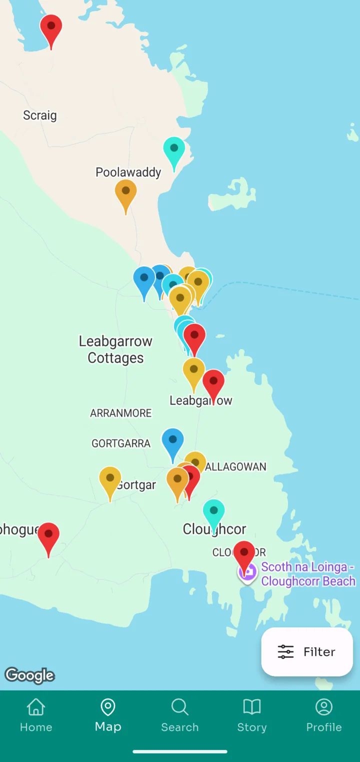 A map of Árainn Mhór with coloured pins from Scraig to Cloughcor