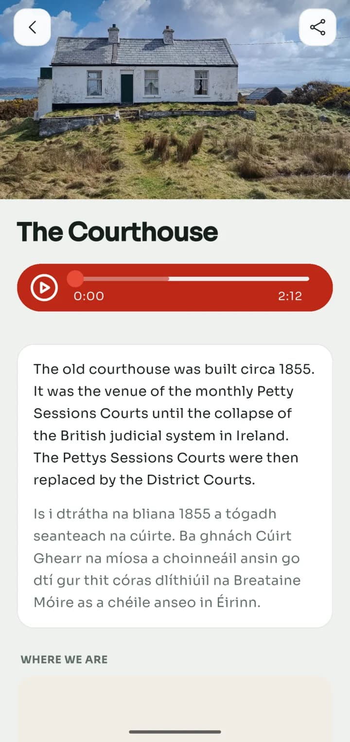 The Courthouse story with an audio player and the text in English and Irish